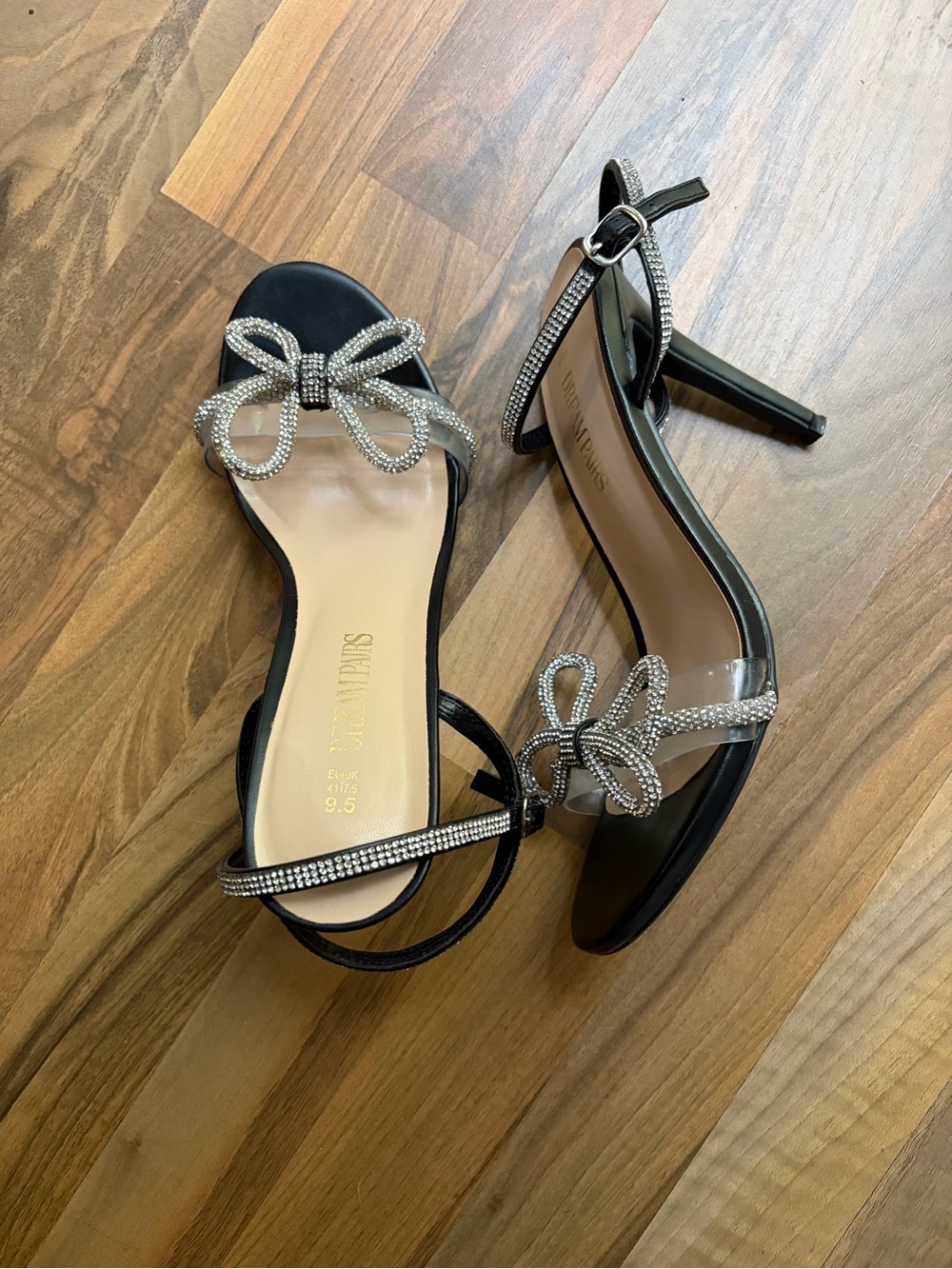 Black Heeled Sandals with Crystal Bow and Sparkly Rhinestone Straps, 9.5, EUC